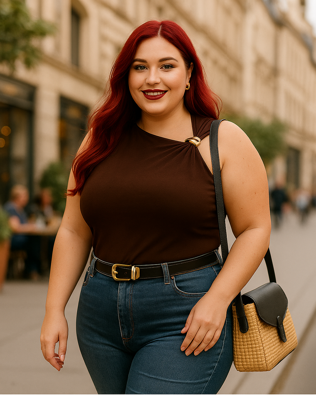 Elegante Bluse mit Metallbändern und Designerkragen und asymmetrischem Schnitt