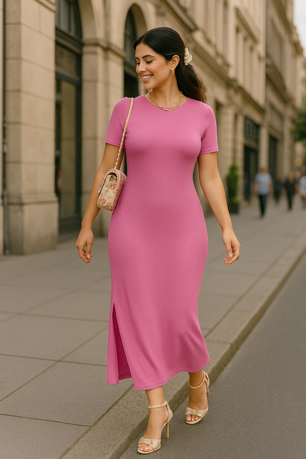 Schlankes Kleid mit V-Ausschnitt und Seitenschlitz